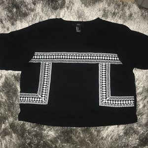 black shirt, white print